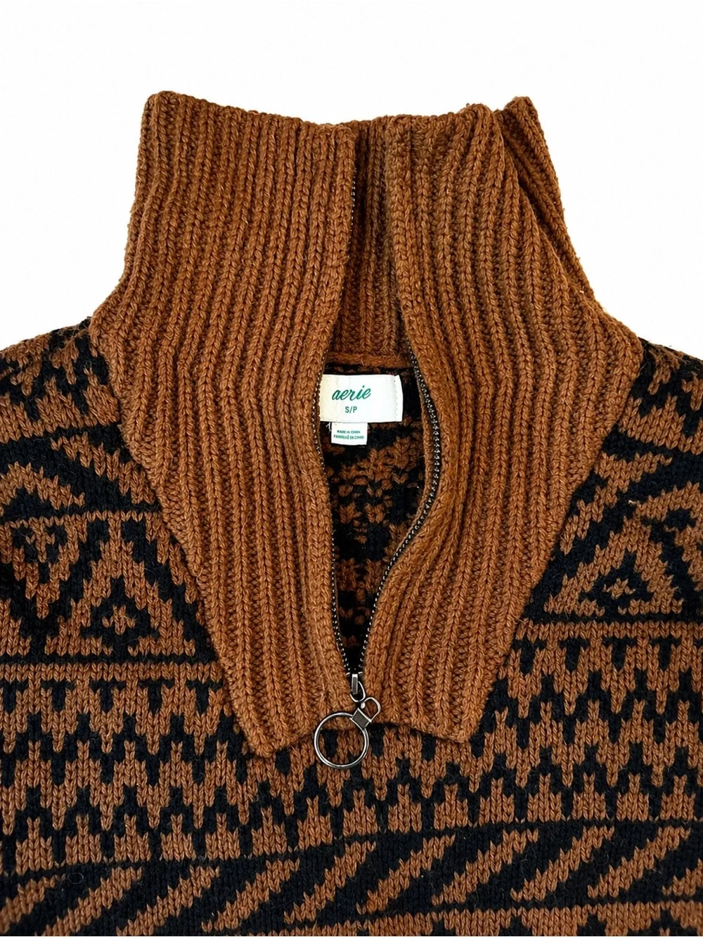 Aerie Fair Isle Quarter Zip Knit Sweater Brown Black Women’s Small S